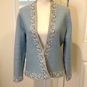Sigrid Olsen 100% wool tweed open front knit jacket w/bead work lite blu…